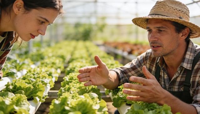 Farmer teaching apprentice inspecting hydroponic lettuce in sunlit greenhouse