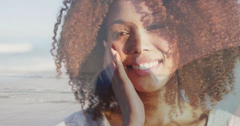 Smiling Woman Overlapping Serene Beach Scene with Gentle Waves