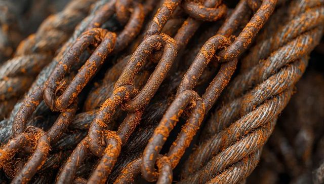 Rusting heavy duty chain and braided steel cable macro closeup showing oxidation texture