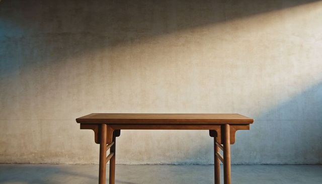 Minimalist wooden table bathed in diagonal light against textured concrete wall