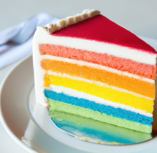 Image of close up of rainbow cake with multi coloured layers on plate - Download Free Stock Photos Pikwizard.com
