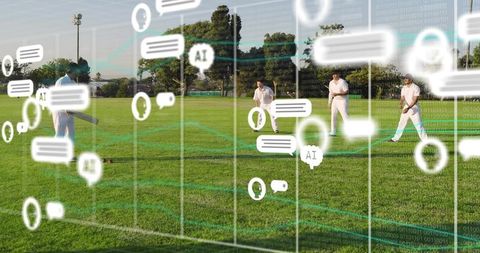 Cricket batsman holding bat on pitch with fielders and ai chat overlays for analytics