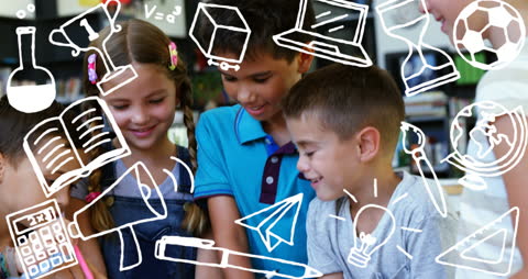 Illustrative School Icons Floating Over Studious Children