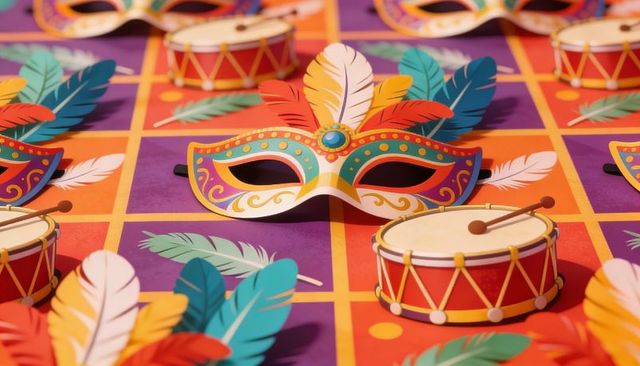 Vibrant carnival mask with feathers and drums on colorful checkerboard flatlay for festive design