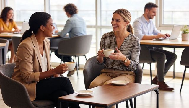 Businesswomen chatting over coffee in sunlit open-plan office lounge