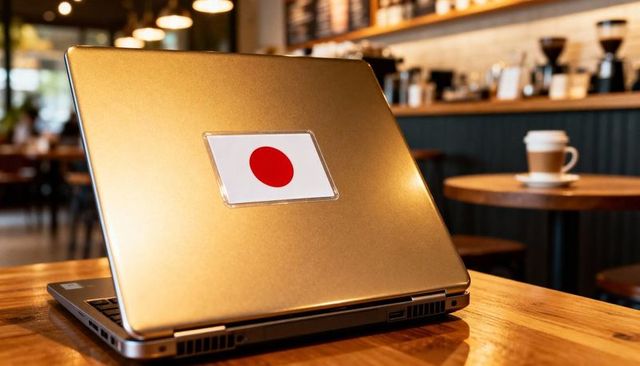 Gold laptop displaying japan flag sticker on wooden table in cozy coffeehouse