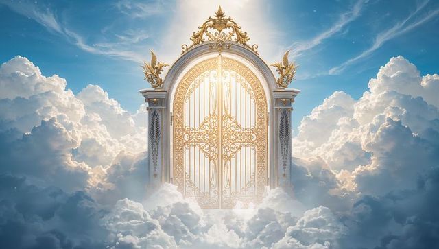 Golden celestial gate floating in clouds with ornate arch and sunlit winged details