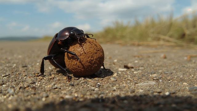 Glossy scarab beetle rolling dung ball across sandy dune path closeup macro detail