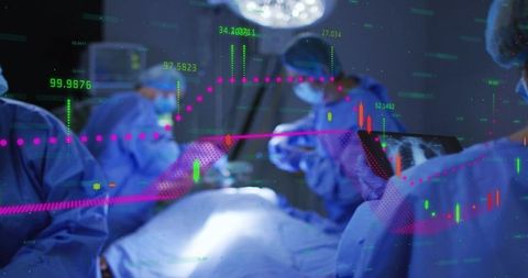 Futuristic surgical team operating with real-time data overlay and clinical analytics