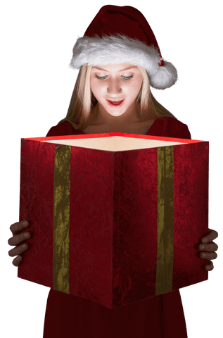 Festive Blonde Girl Sharing Gift Box Joy Wearing Santa Hat Transparent Background