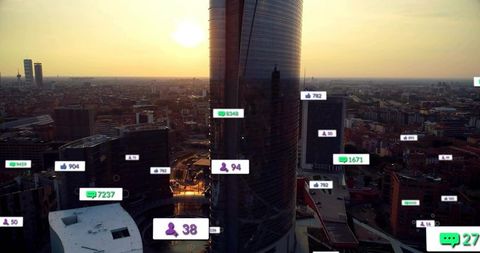 Digital Connectivity Visualization Over Metropolitan Glass Skyscraper