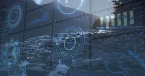 Futuristic Interface Overlaid on Scenic Sunset Shoreline