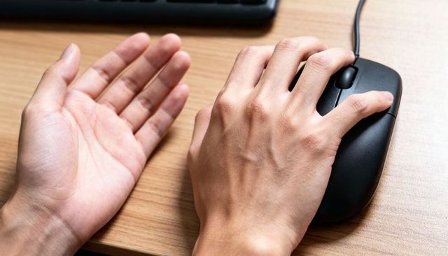 Closeup hands using wired computer mouse on wooden desk for office productivity and ergonomics