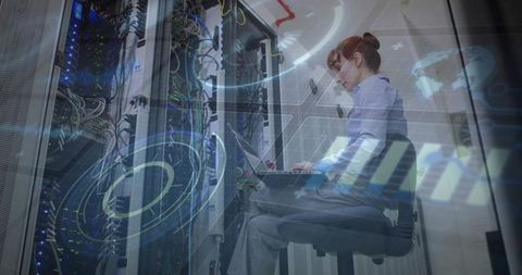 Female technician diagnosing servers in futuristic data center with holographic interface
