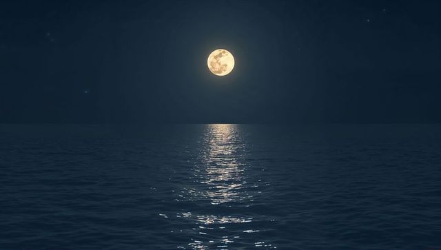 Full moon glowing over calm ocean with shimmering moonlight reflection and stars