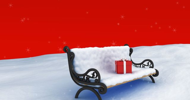 Snow Covered Bench with Red Christmas Gift on Snowy Landscape - Download Free Stock Images Pikwizard.com