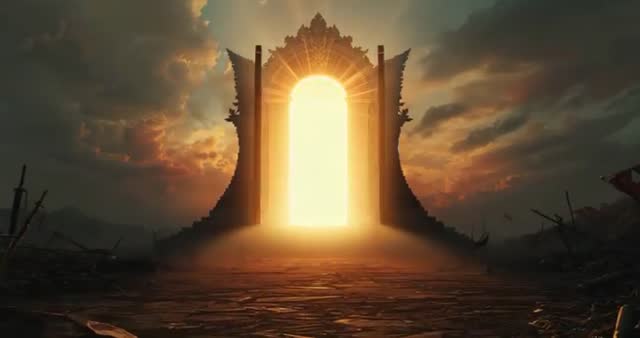 Ancient Arch Portal Emitting Mystical Glowing Light at Dusk