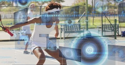 Dynamic Tennis Player Competing with Futuristic HUD Design