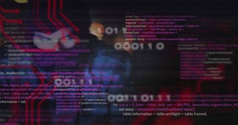 cybersecurity threat concept with hacker amidst code overlay - Download Free Stock Images Pikwizard.com