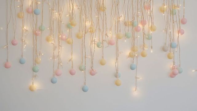 Pastel hanging ornaments with warm fairy lights, minimal wall decor for parties & events
