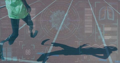 Futuristic Athlete with Prosthetic Blades on Track HUD Display