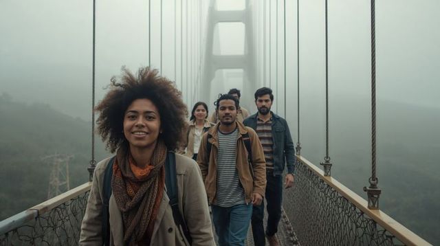 Young travelers walking on foggy suspension bridge with smiling lead woman