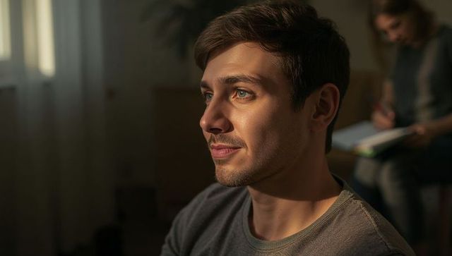 Young man gazing through window in warm side light, pensive portrait with writer behind