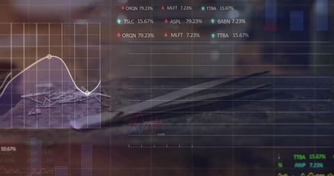 Displaying transparent financial hud overlay over wood workbench with tools and line chart