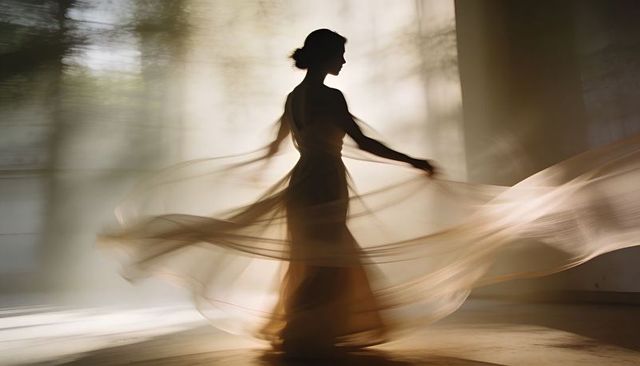 Ethereal silhouette of female dancer twirling in flowing chiffon gown, sunlit studio, motion blur