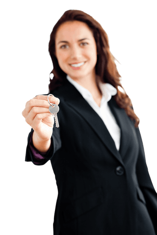 Smiling businesswoman holding key on transparent background