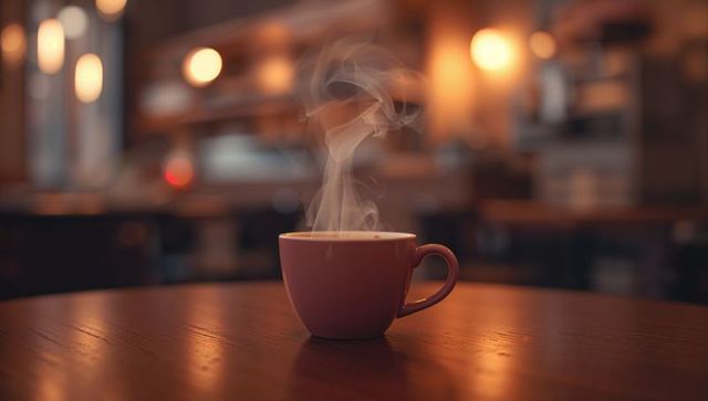 Steaming Ceramic Coffee Cup in Cozy Cafe Setting