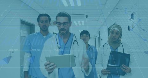 Medical Team Analyzing Digital Data Overlay in Futuristic Hospital