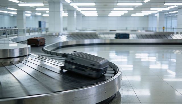 Rolling hard-shell suitcase moving on curved airport baggage carousel with motion blur