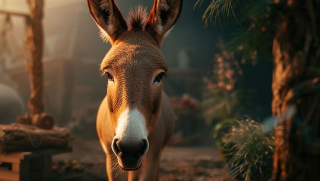 Inquisitive donkey gazing in rustic farm enclosure