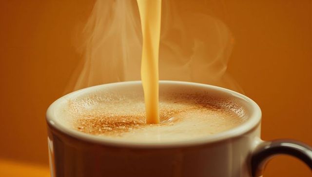 Pouring creamy coffee into dark ceramic mug with aroma rising