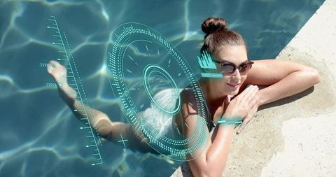 Relaxing woman floating at pool edge with holographic hud overlay and futuristic interface