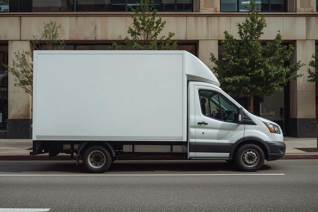 White delivery box truck parked along urban street