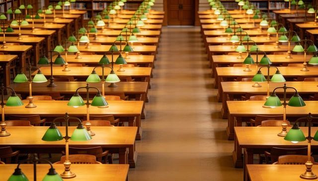 Historic library reading room with long rows of wooden desks and green banker lamps
