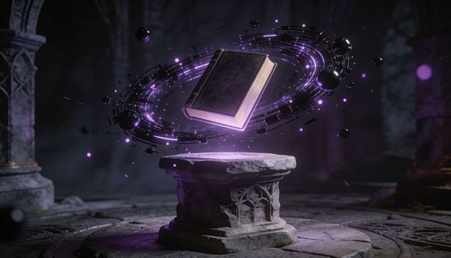 Levitating ancient tome emitting purple energy halo over crumbling stone pedestal