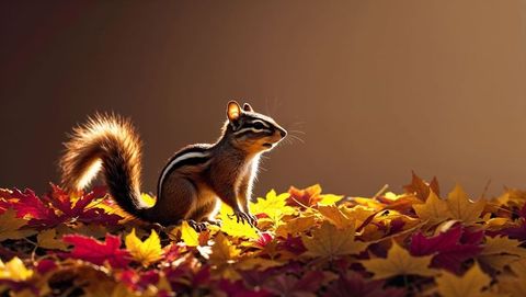 Chipmunk enjoying sunlight among vibrant autumn leaves