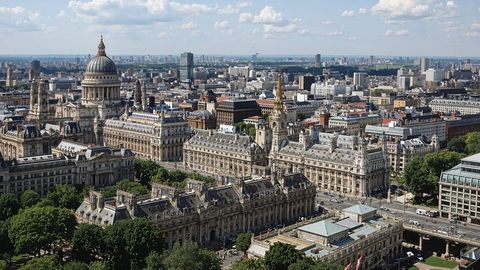 Aerial view of british empire st paul's cathedral in london skyline on sunny day
