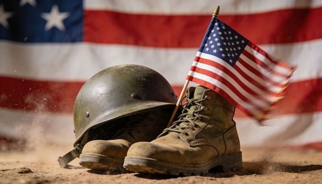 Worn combat boots and olive-drab helmet with american flag evoking military tribute