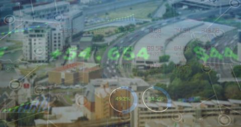 Financial data overlay on urban cityscape innovation