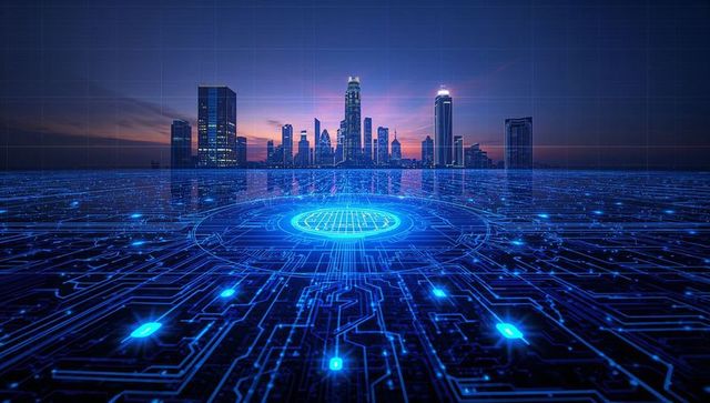 Neon circuitry cityscape at dusk