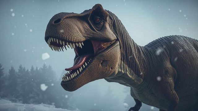 Roaring tyrannosaurus rex in snowy forest wilderness