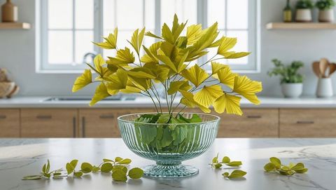 Elegant glass compote bowl with ginkgo-like green leaves on kitchen counter