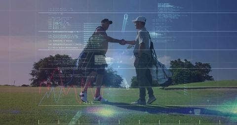Golf Partners Shake Hands with Digital Overlay Concept