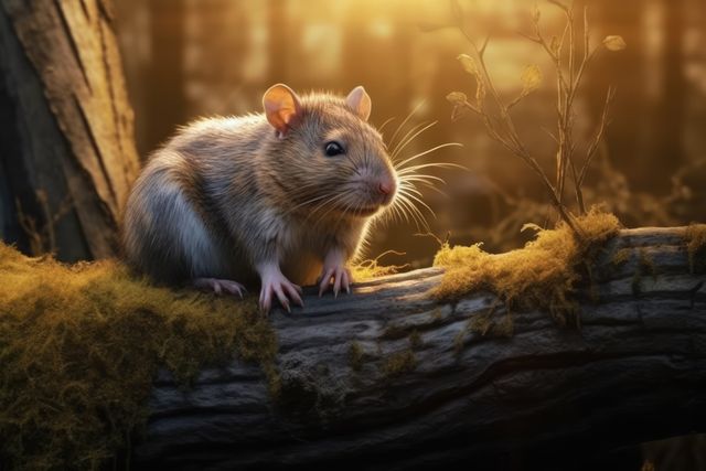 Close-up shot of a rat sitting on a mossy log in a forest during sunset. Great for illustrating wildlife behavior, animal habitats, or natural environments. Can be used in educational materials, nature documentary promotions, and environmental campaigns.