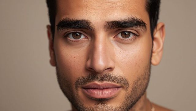 Closeup serious male portrait showing neutral expression and stubble on beige backdrop