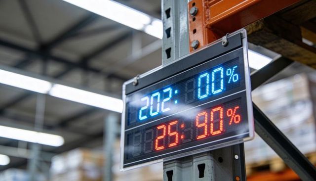 Warehouse led inventory display showing temperature and humidity readouts on steel rack